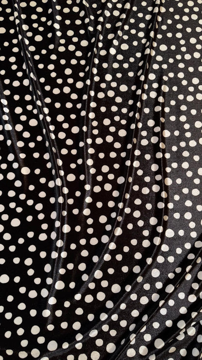 Pebbles design black/white on stretch luxury silky velvet 58/60” Sold by the YD. Ships Worldwide from Los Angeles California USA.