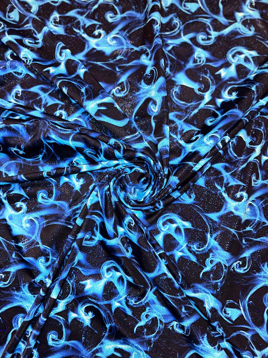 New tornado fire design print on heavy nylon spandex with foggy foil 4way stretch 58/60” Sold by the YD. Ships worldwide from Los Angeles Ca