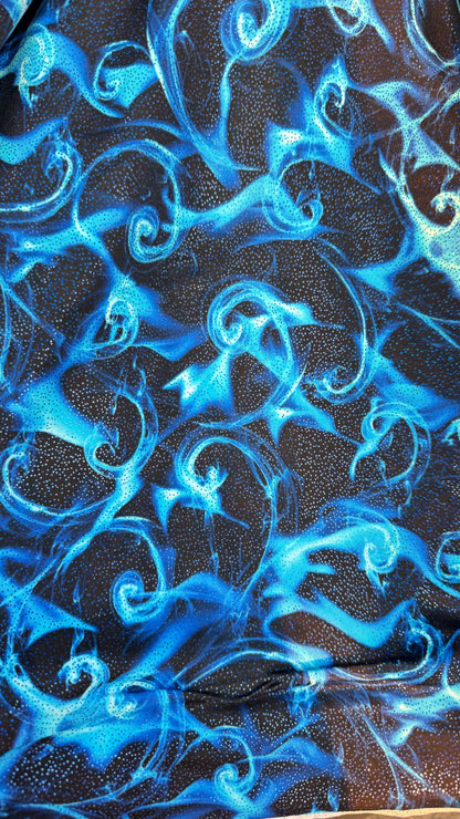 New tornado fire design print on heavy nylon spandex with foggy foil 4way stretch 58/60” Sold by the YD. Ships worldwide from Los Angeles Ca