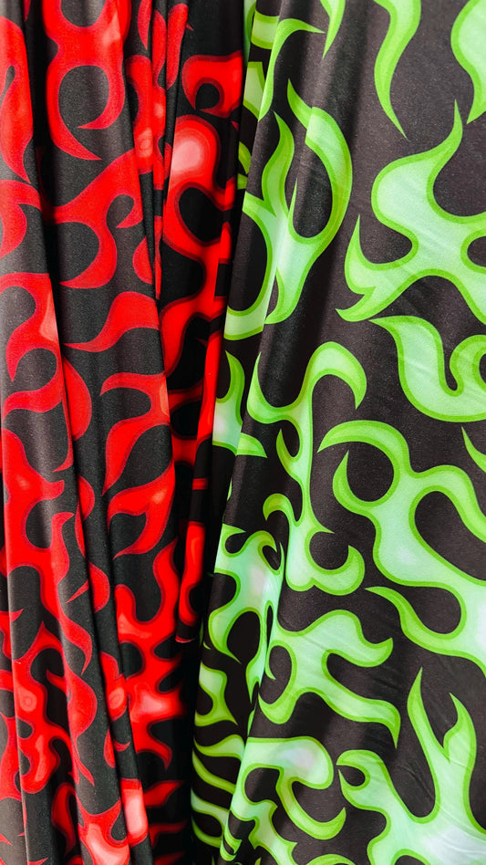 New Flame design Black/Red and Black/Green  color print on nylon spandex 4-way stretch 58/60” Sold by the Yd. High quality fabrics by AlexLA