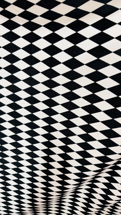 Harlequin design black/white on spandex velvet 4way Stretch 58/60" Sold bubthe YD. Ships worldwide from Los Angeles California USA