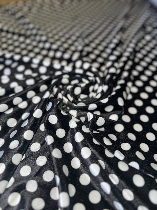 Polka Dots design black/white on stretch luxury silky velvet 58/60” Sold by the YD. Ships Worldwide from Los Angeles California USA.