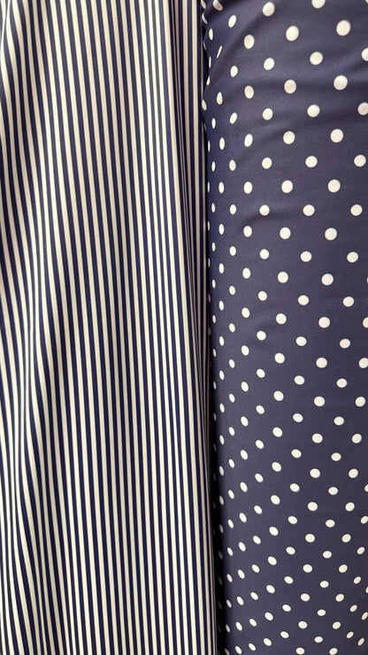 Small Stripe  & Polka Dots design Navy/White print on great quality of nylon spandex 4-way stretch 58/60” Sold by the YD. Ships Worldwide