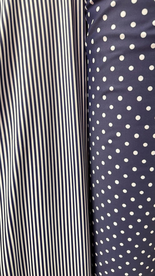 Small Stripe  & Polka Dots design Navy/White print on great quality of nylon spandex 4-way stretch 58/60” Sold by the YD. Ships Worldwide