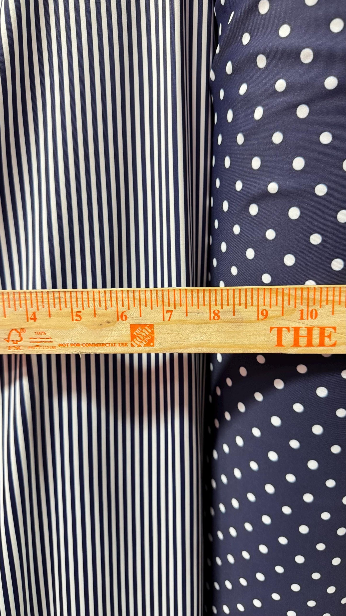 Small Stripe  & Polka Dots design Navy/White print on great quality of nylon spandex 4-way stretch 58/60” Sold by the YD. Ships Worldwide