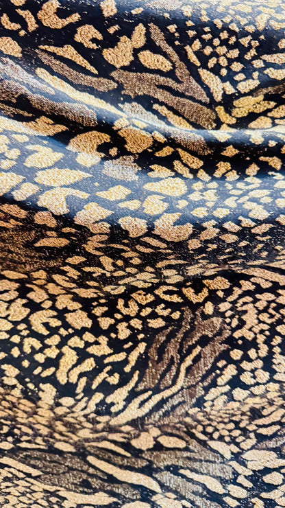 New Exotic Animal design Metallic slinky spandex 4way stretch 58/60" Sold by the YD. Ships worldwide from Los Angeles California USA.