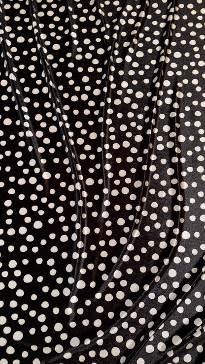 Pebbles design black/white on stretch luxury silky velvet 58/60” Sold by the YD. Ships Worldwide from Los Angeles California USA.