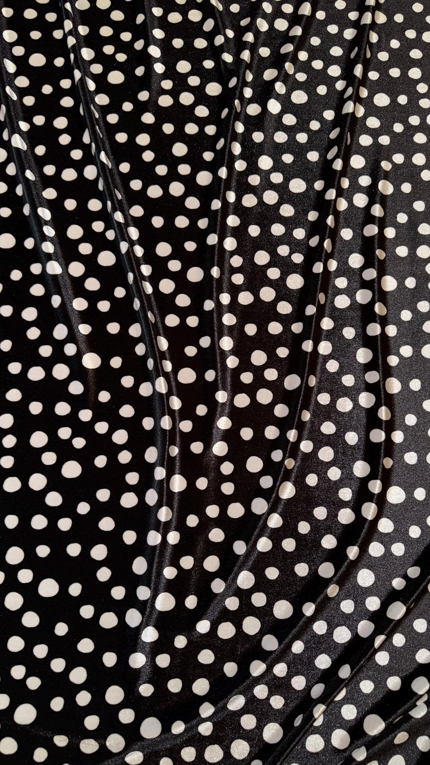 Pebbles design black/white on stretch luxury silky velvet 58/60” Sold by the YD. Ships Worldwide from Los Angeles California USA.
