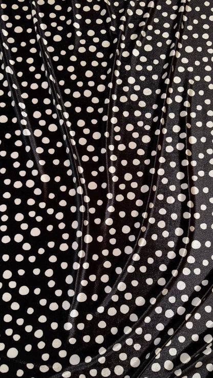 Pebbles design black/white on stretch luxury silky velvet 58/60” Sold by the YD. Ships Worldwide from Los Angeles California USA.