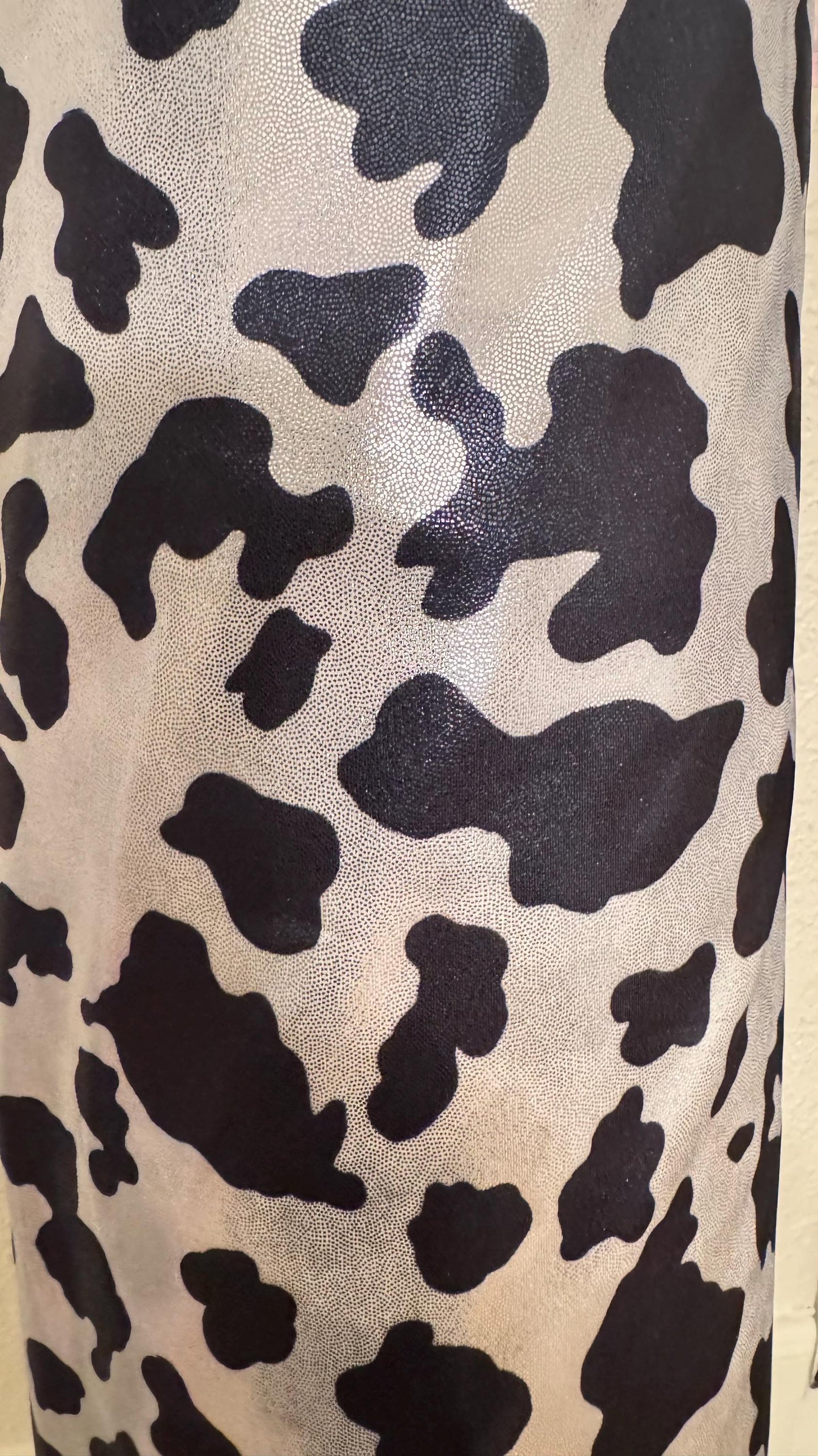 Luxury Cow design on shiny  metallic nylon spandex with foggy foil 4-way stretch 58/60” High quality fabrics by AlexLAFabrics