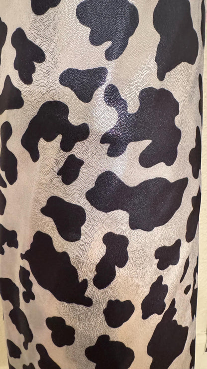 Luxury Cow design on shiny  metallic nylon spandex with foggy foil 4-way stretch 58/60” High quality fabrics by AlexLAFabrics