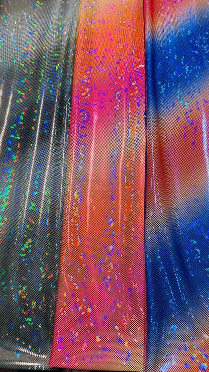 New Ombre design on shattered glass metallic nylon spandex 4-way stretch 58/60” Sold by the YD. Ships worldwide from Los Angeles California
