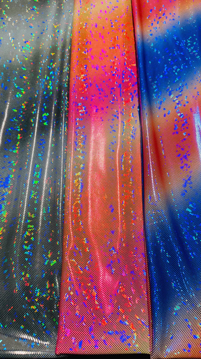 New Ombre design on shattered glass metallic nylon spandex 4-way stretch 58/60” Sold by the YD. Ships worldwide from Los Angeles California