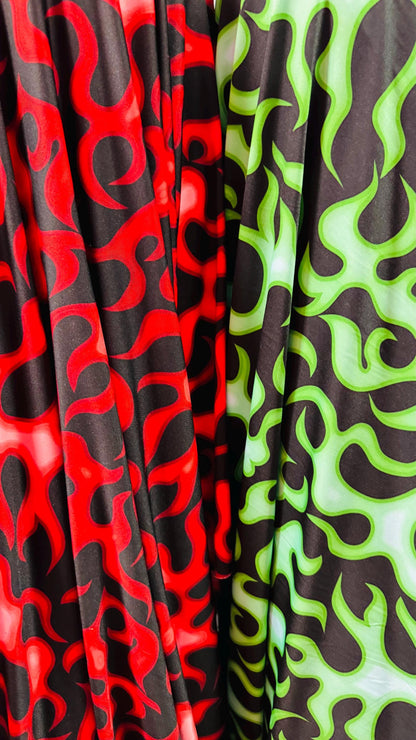 New Flame design Black/Red and Black/Green  color print on nylon spandex 4-way stretch 58/60” Sold by the Yd. High quality fabrics by AlexLA