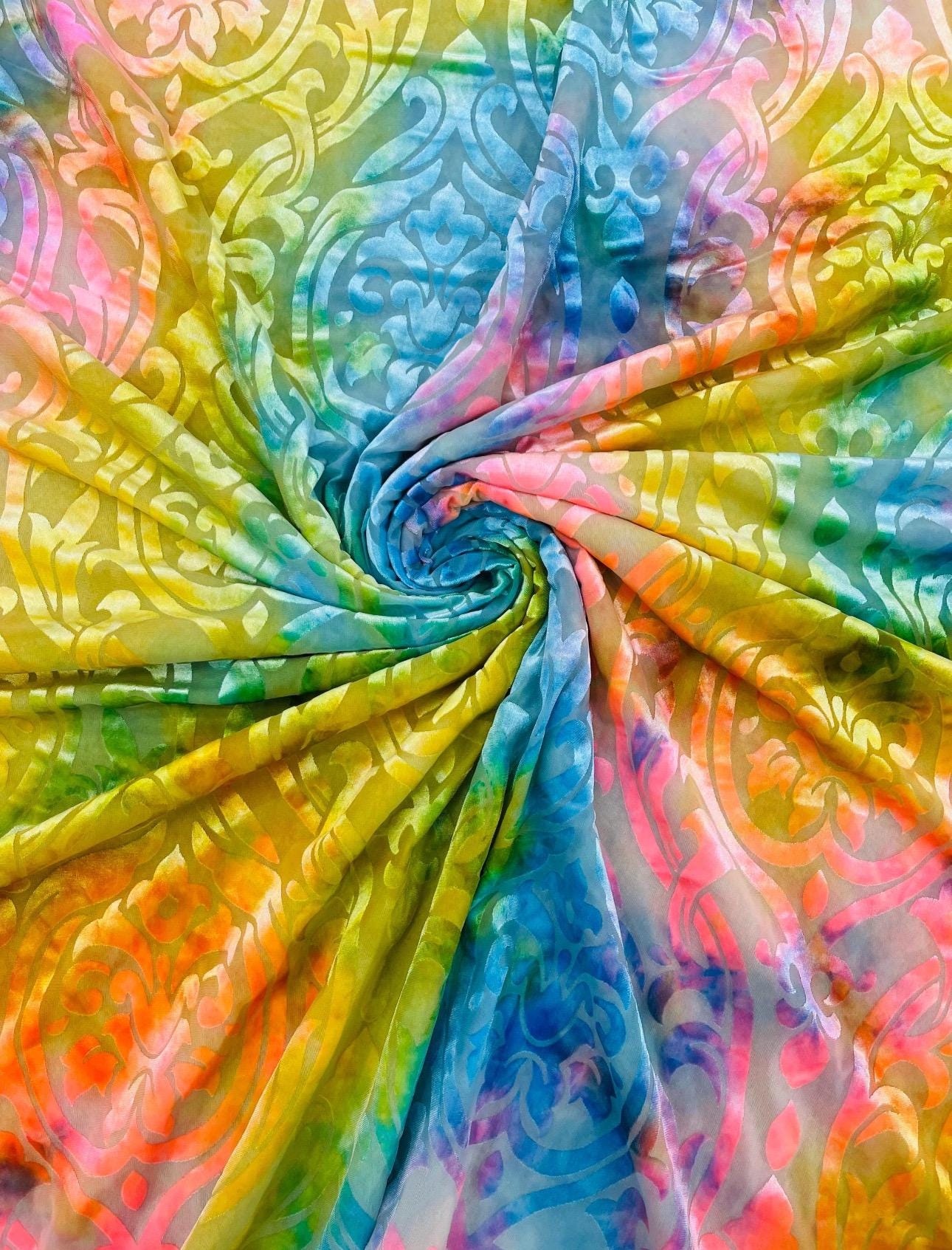 New Luxury burnout velvet Royalty design tie dye rainbow multi pastel 4-way stretch 58/60” Sold by the YD. Ships Worldwide from Los Angeles