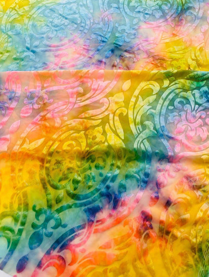 New Luxury burnout velvet Royalty design tie dye rainbow multi pastel 4-way stretch 58/60” Sold by the YD. Ships Worldwide from Los Angeles