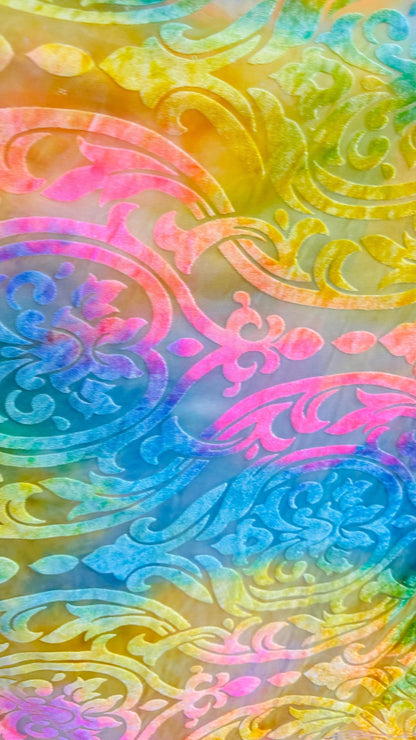 New Luxury burnout velvet Royalty design tie dye rainbow multi pastel 4-way stretch 58/60” Sold by the YD. Ships Worldwide from Los Angeles