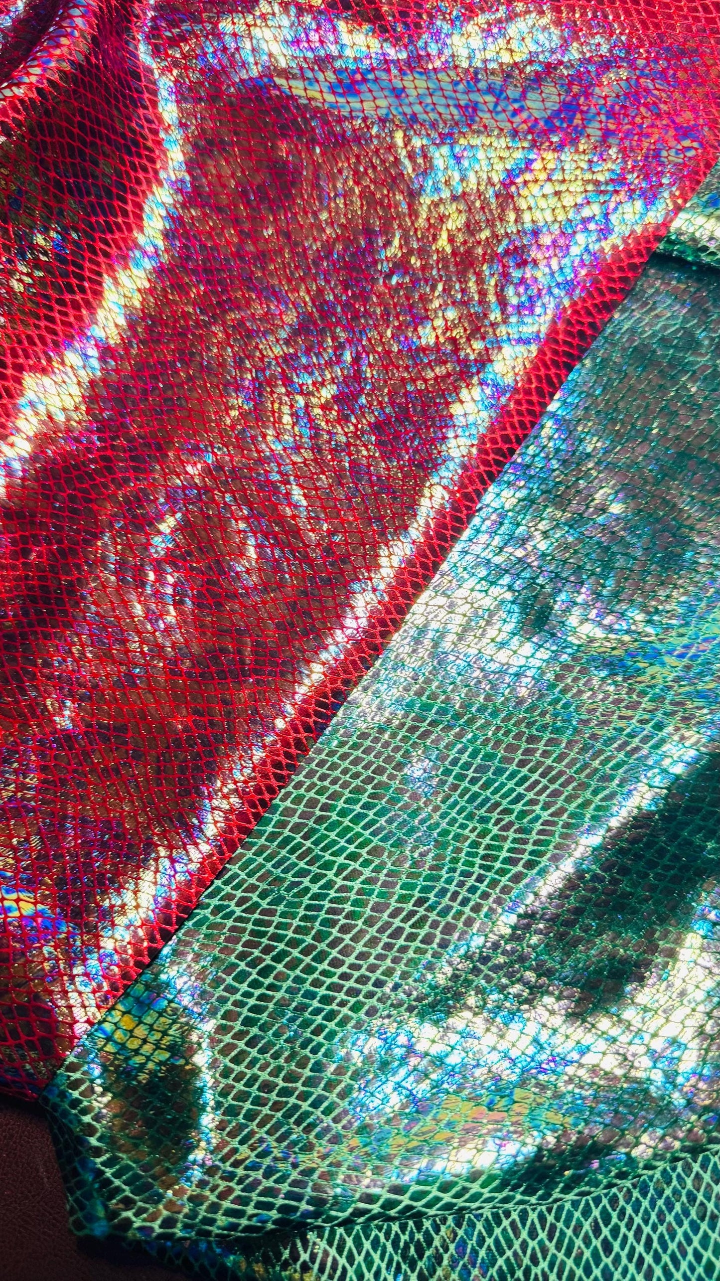 Dragón scales design super shiny iridescent stretch velvet with hologram foil 4-way stretch 58/60” Sold by the YD. Ships Worldwide from L.A
