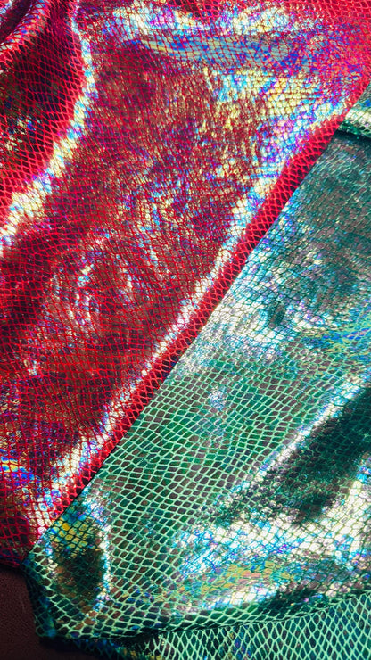 Dragón scales design super shiny iridescent stretch velvet with hologram foil 4-way stretch 58/60” Sold by the YD. Ships Worldwide from L.A