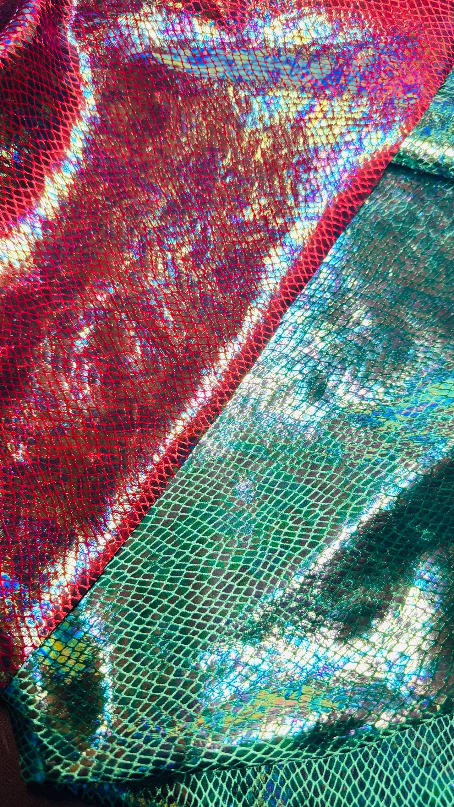 Dragón scales design super shiny iridescent stretch velvet with hologram foil 4-way stretch 58/60” Sold by the YD. Ships Worldwide from L.A
