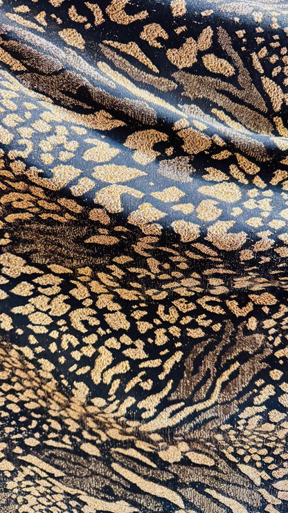 New Exotic Animal design Metallic slinky spandex 4way stretch 58/60" Sold by the YD. Ships worldwide from Los Angeles California USA.