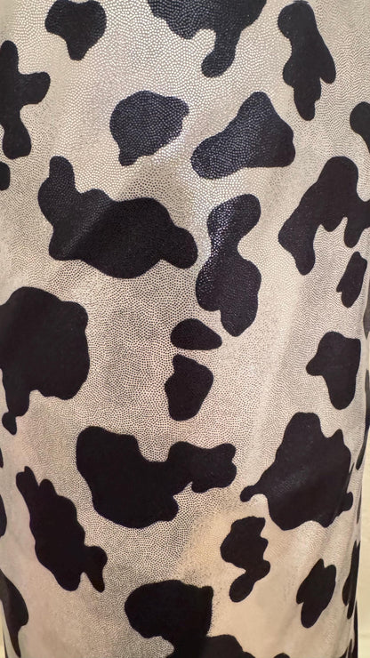 Luxury Cow design on shiny  metallic nylon spandex with foggy foil 4-way stretch 58/60” High quality fabrics by AlexLAFabrics