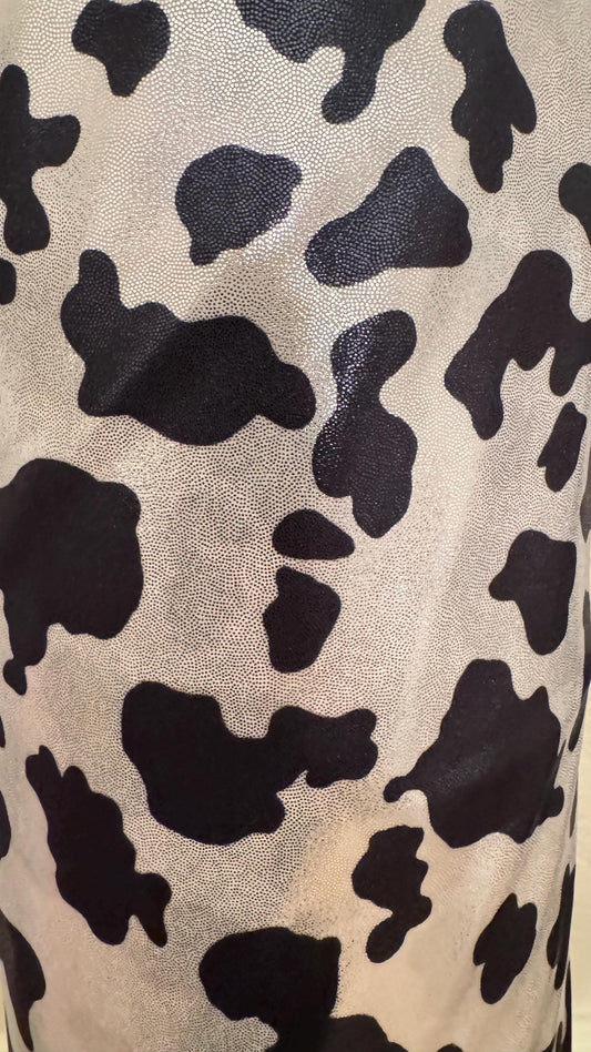 Luxury Cow design on shiny  metallic nylon spandex with foggy foil 4-way stretch 58/60” High quality fabrics by AlexLAFabrics