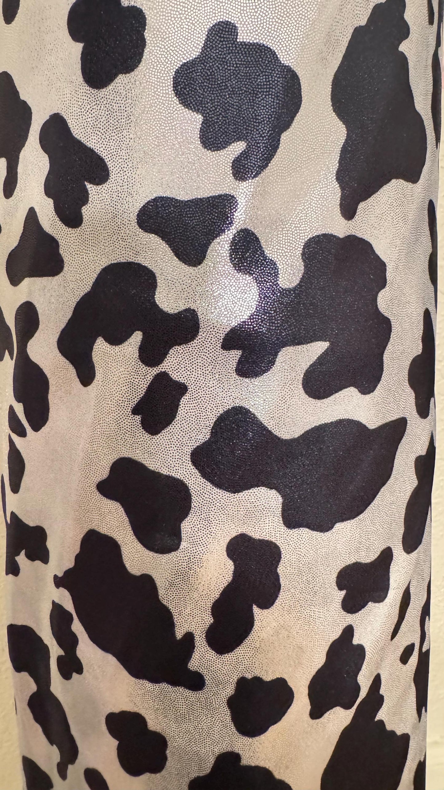 Luxury Cow design on shiny  metallic nylon spandex with foggy foil 4-way stretch 58/60” High quality fabrics by AlexLAFabrics