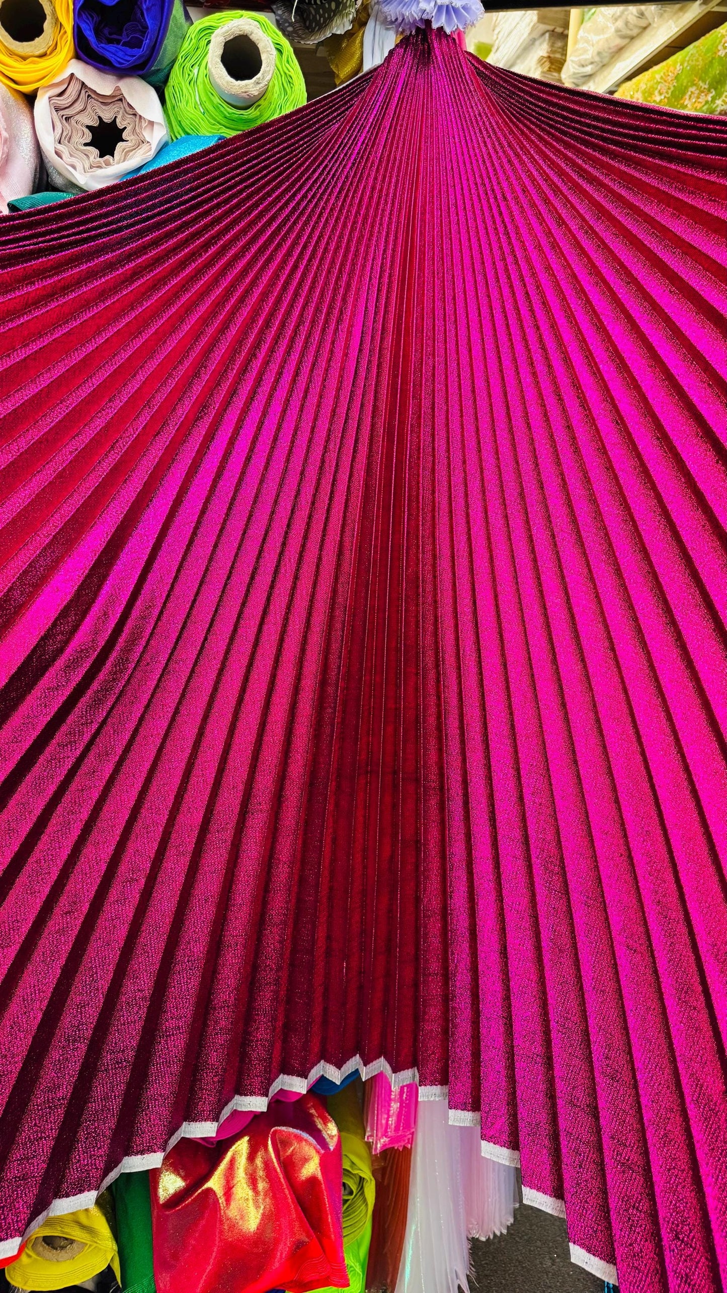 Sunburst pleated Luxury metallic lame non stretch 108” length by 45” width Sold by the PC. Ships worldwide from Los Angeles California USA