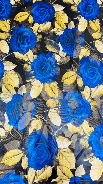 New Romantic Sapphire/Yellow flower design print on great quality of power mesh 4-way stretch 58/60” High Quality fabrics by AlexLAFabrics