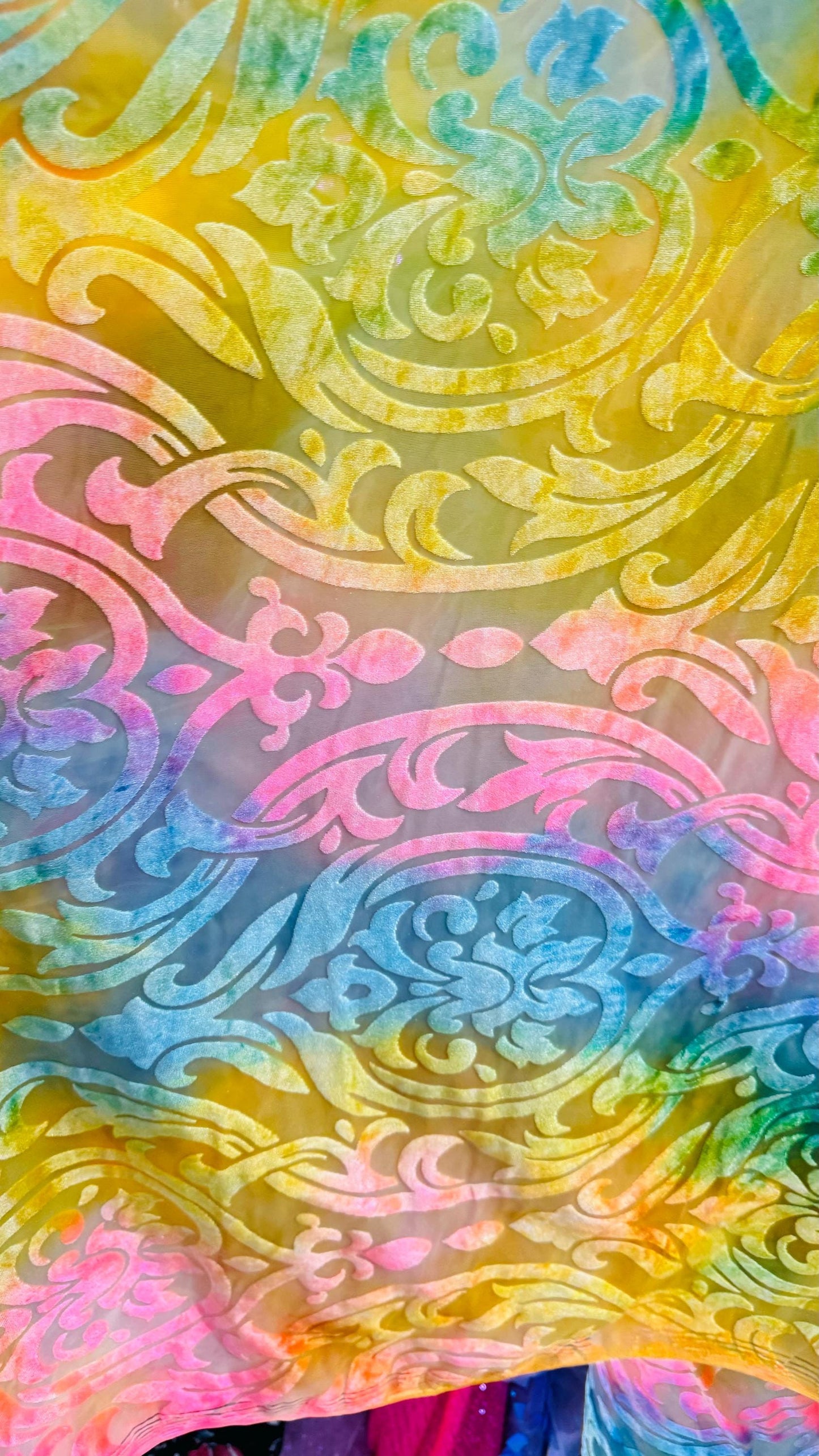 New Luxury burnout velvet Royalty design tie dye rainbow multi pastel 4-way stretch 58/60” Sold by the YD. Ships Worldwide from Los Angeles