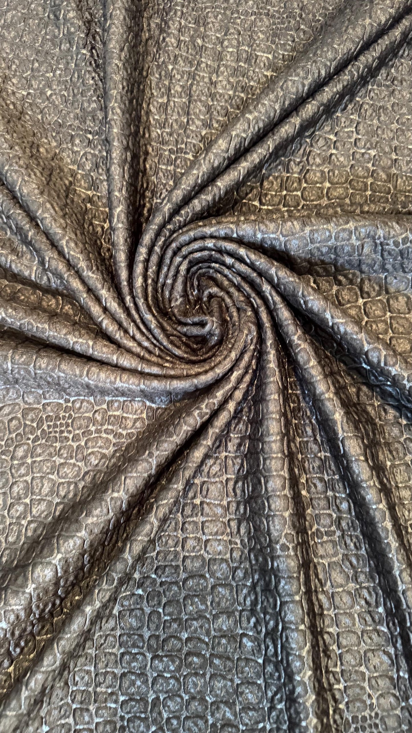 New Exotic Crocodile design embossed on poly spandex 2-way stretch 58/60” Sold by the YD. Ships Worldwide from Los Angeles California USA.