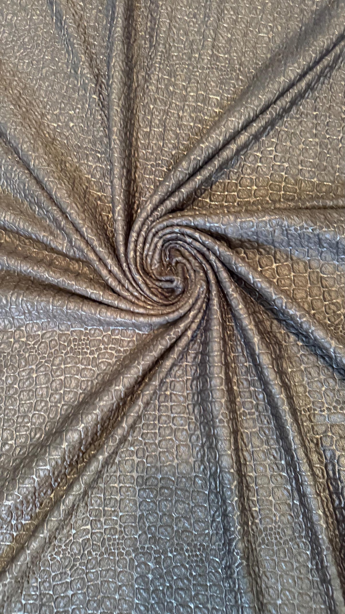 New Exotic Crocodile design embossed on poly spandex 2-way stretch 58/60” Sold by the YD. Ships Worldwide from Los Angeles California USA.