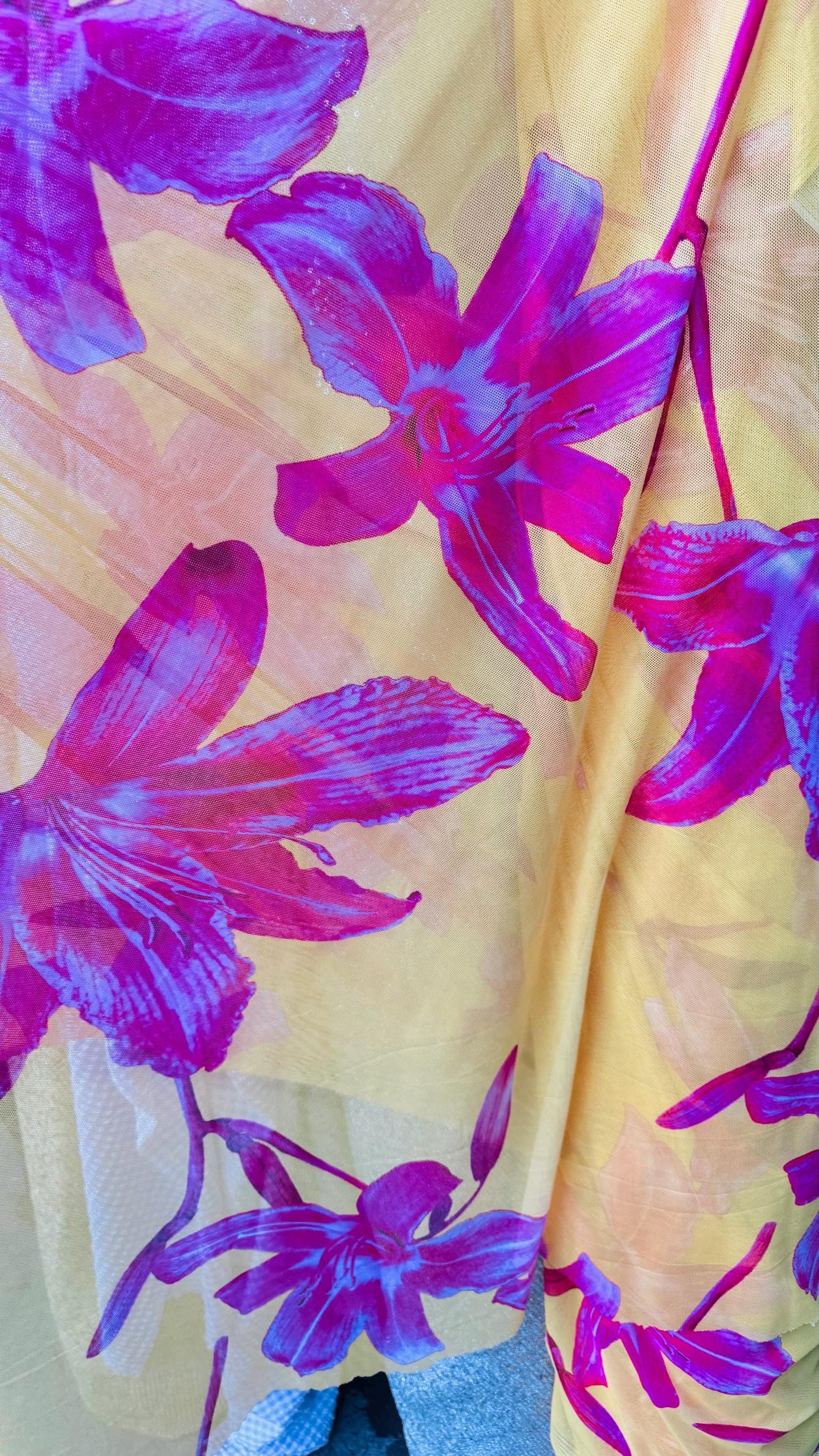 New Tulip Flower design print on power mesh 4-way stretch see though fabric 58/60” Sold by the YD. Ships Worldwide from Los Ángeles CA.