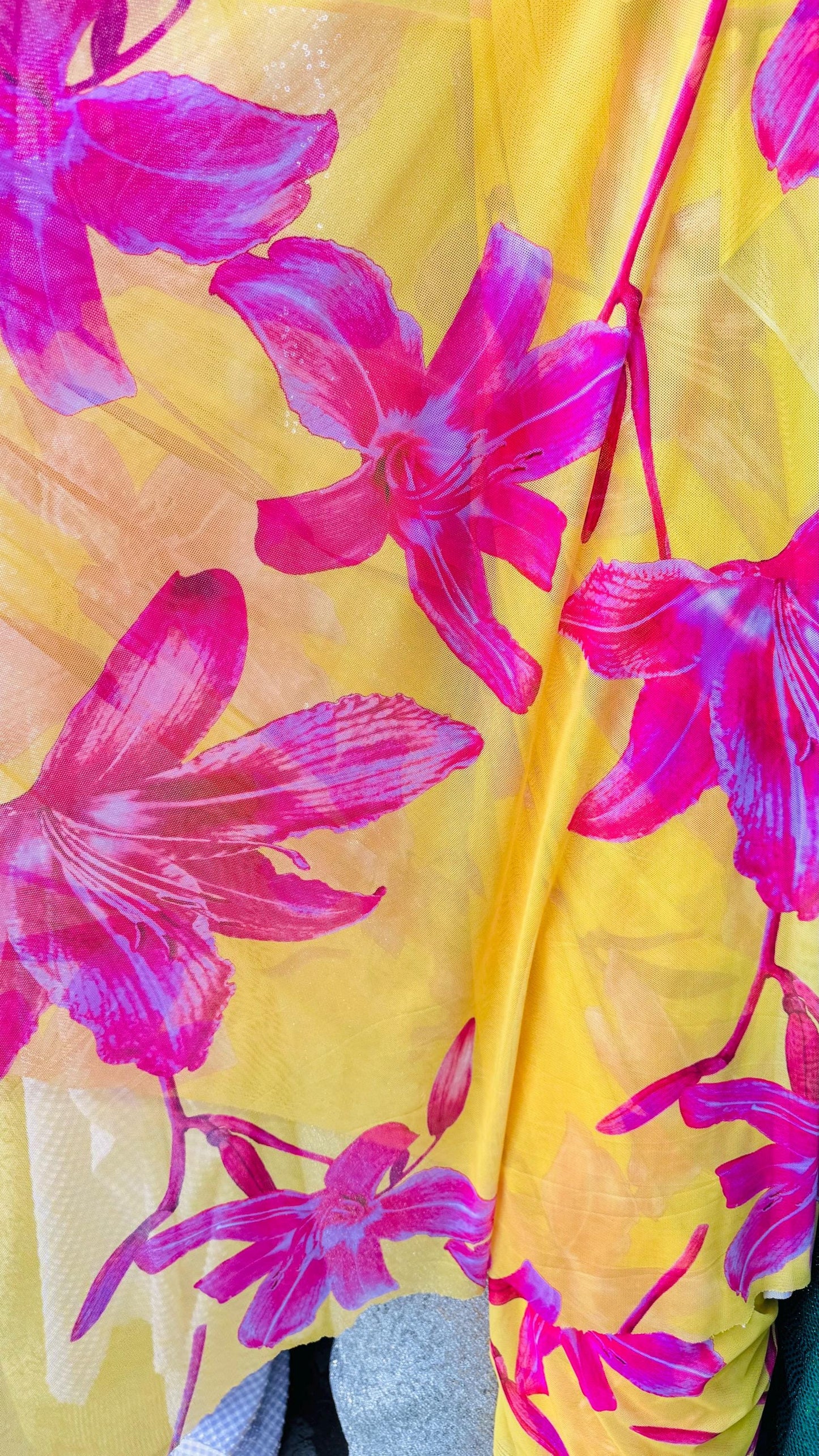 New Tulip Flower design print on power mesh 4-way stretch see though fabric 58/60” Sold by the YD. Ships Worldwide from Los Ángeles CA.