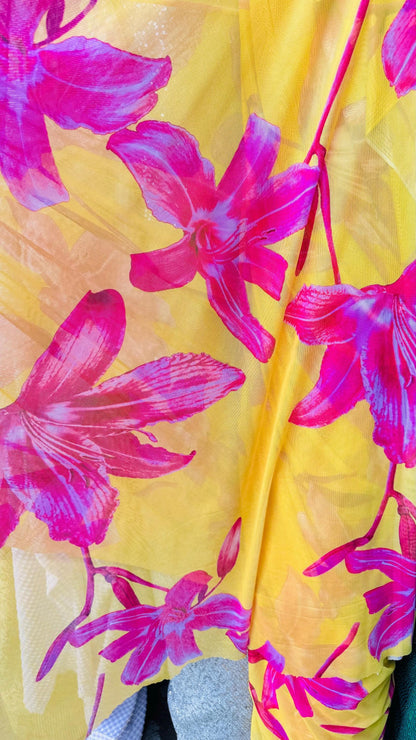 New Tulip Flower design print on power mesh 4-way stretch see though fabric 58/60” Sold by the YD. Ships Worldwide from Los Ángeles CA.