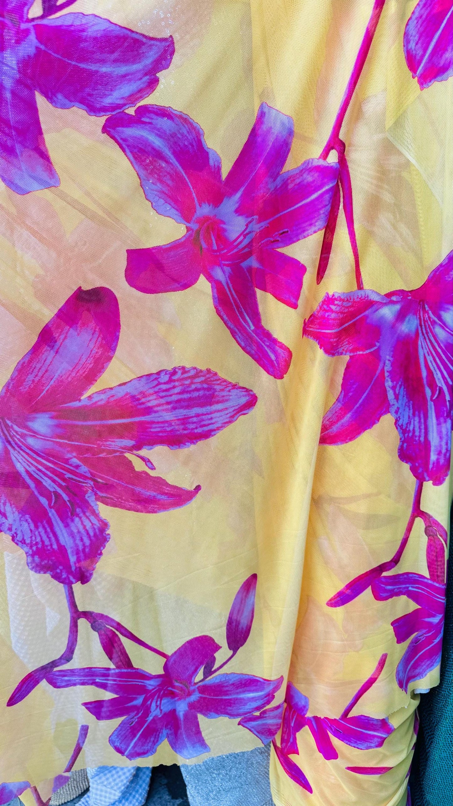 New Tulip Flower design print on power mesh 4-way stretch see though fabric 58/60” Sold by the YD. Ships Worldwide from Los Ángeles CA.