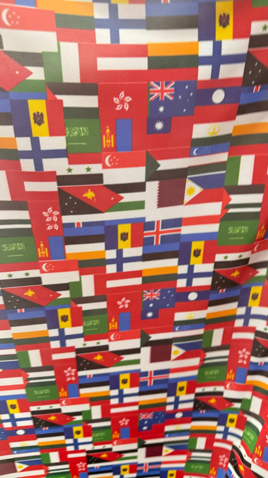Interacional Flags design print on power mesh 4-way stretch 58/60” Sold by the YD. Ships Worldwide from Los Angeles California USA.