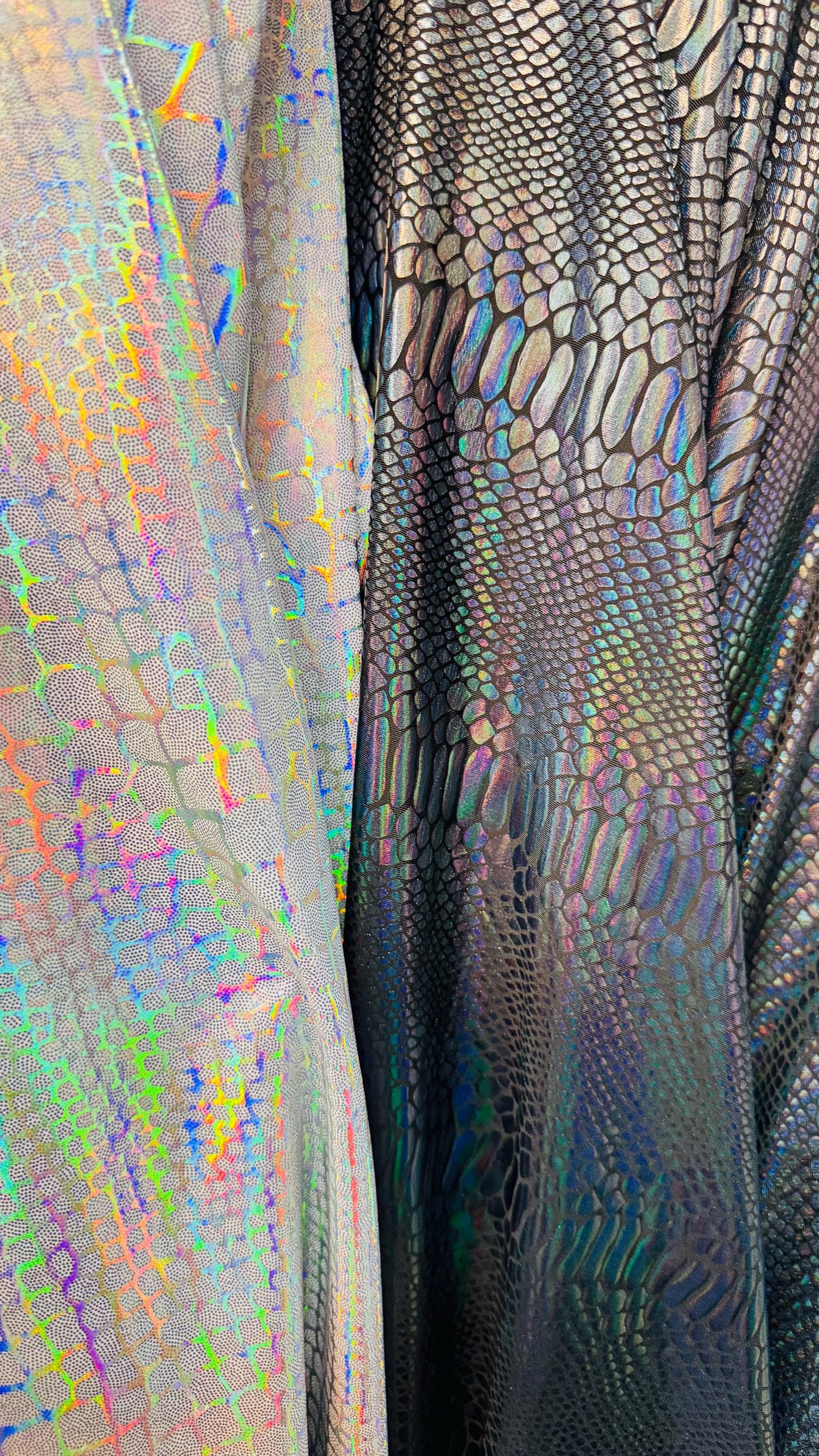 New snake Metallic nylon spandex iridescent Hologram foil 4way Stretch 58/60" Sold by the YD. Ships Worldwide from Los Angeles California US