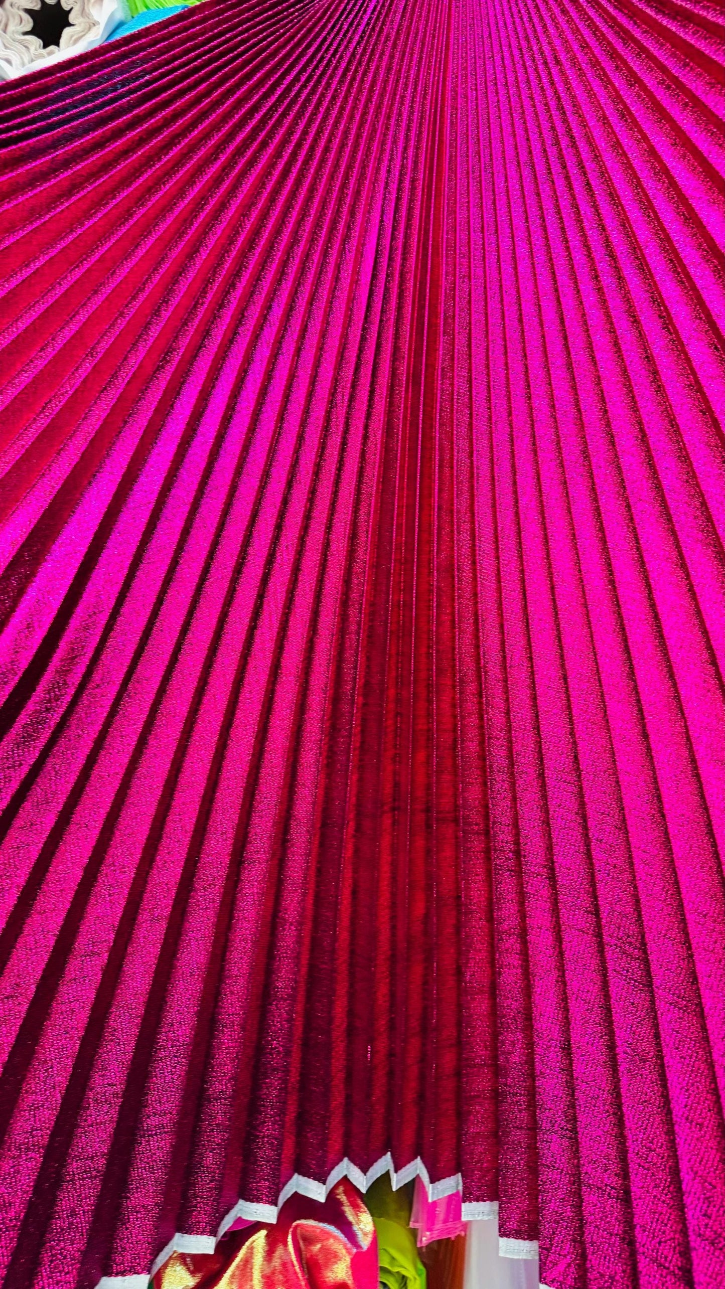 Sunburst pleated Luxury metallic lame non stretch 108” length by 45” width Sold by the PC. Ships worldwide from Los Angeles California USA
