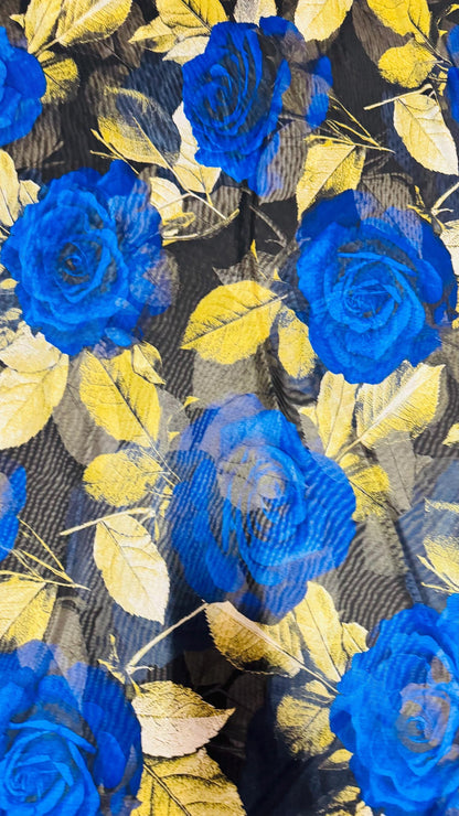 New Romantic Sapphire/Yellow flower design print on great quality of power mesh 4-way stretch 58/60” High Quality fabrics by AlexLAFabrics