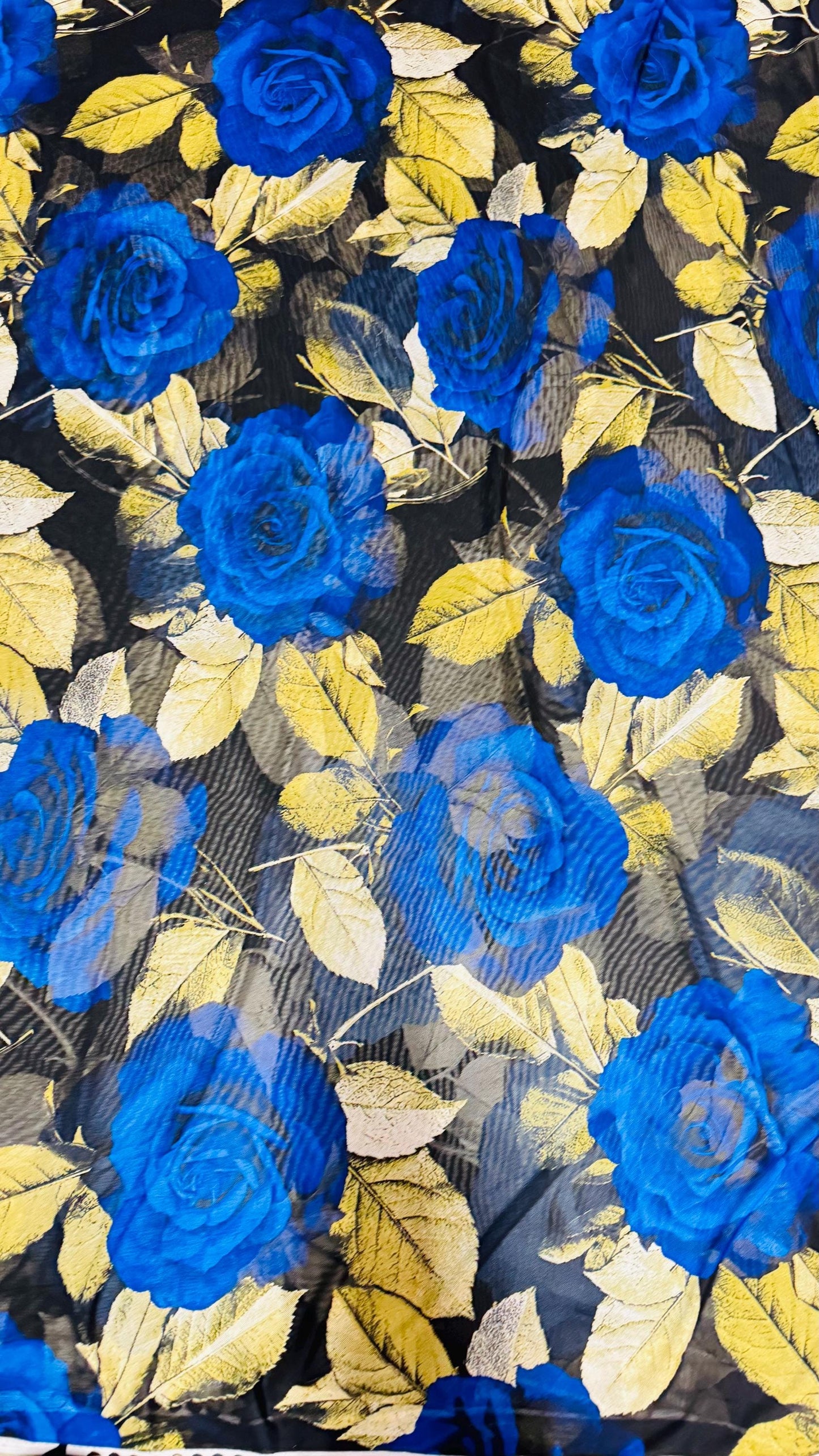 New Romantic Sapphire/Yellow flower design print on great quality of power mesh 4-way stretch 58/60” High Quality fabrics by AlexLAFabrics