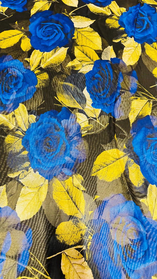 New Romantic Sapphire/Yellow flower design print on great quality of power mesh 4-way stretch 58/60” High Quality fabrics by AlexLAFabrics