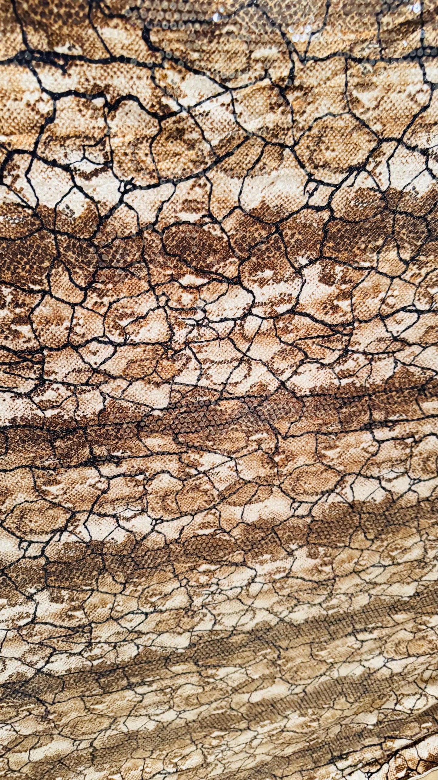 Exotic Snake design Brown/Gold  with clear sequins all over spandex base 4-way  58/60" Sold by the YD. Ships worldwide from Los Ángeles CA