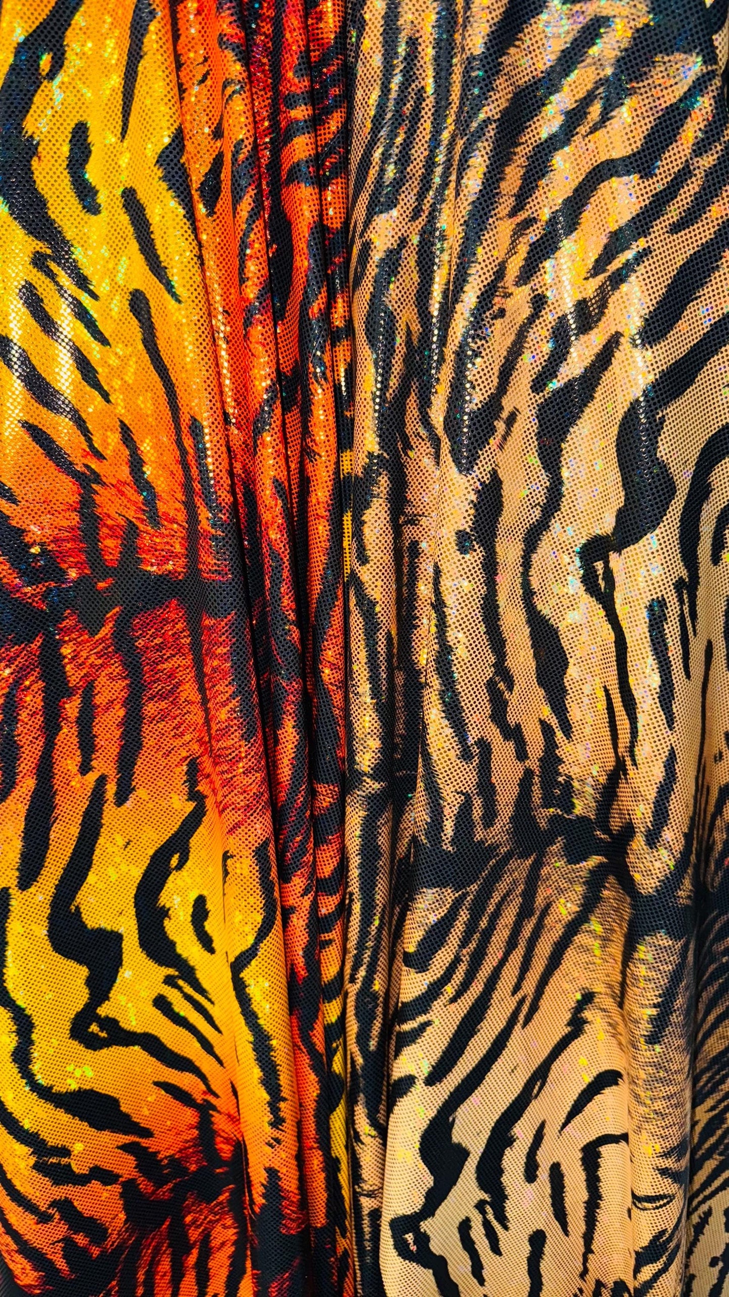 New Wild Tiger design on Hologram shattered glass metallic nylon spandex 4-way stretch 58/60” High quality fabrics by AlexLAFabrics