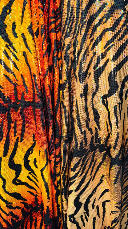 New Wild Tiger design on Hologram shattered glass metallic nylon spandex 4-way stretch 58/60” High quality fabrics by AlexLAFabrics