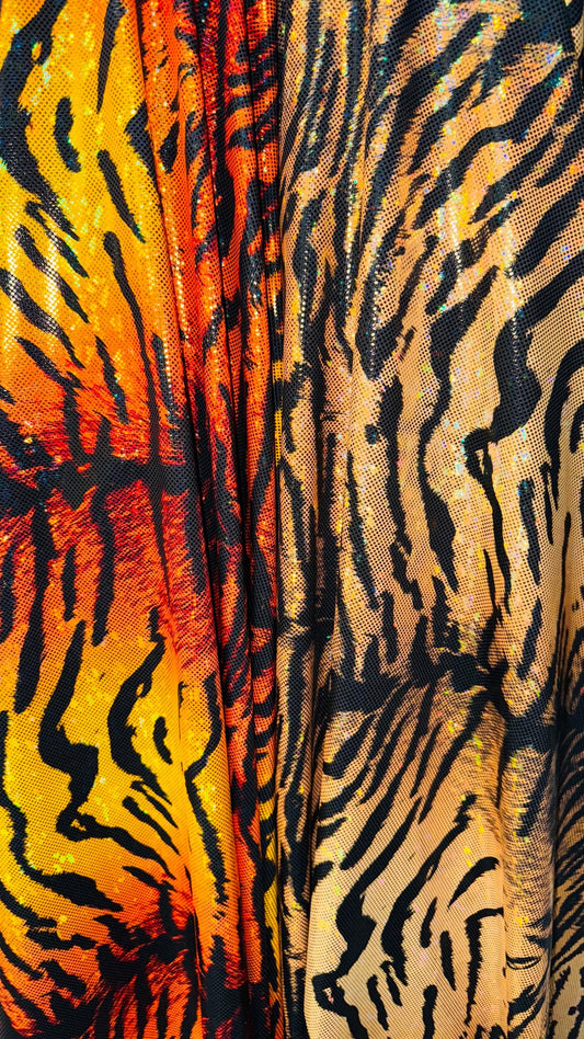 New Wild Tiger design on Hologram shattered glass metallic nylon spandex 4-way stretch 58/60” High quality fabrics by AlexLAFabrics