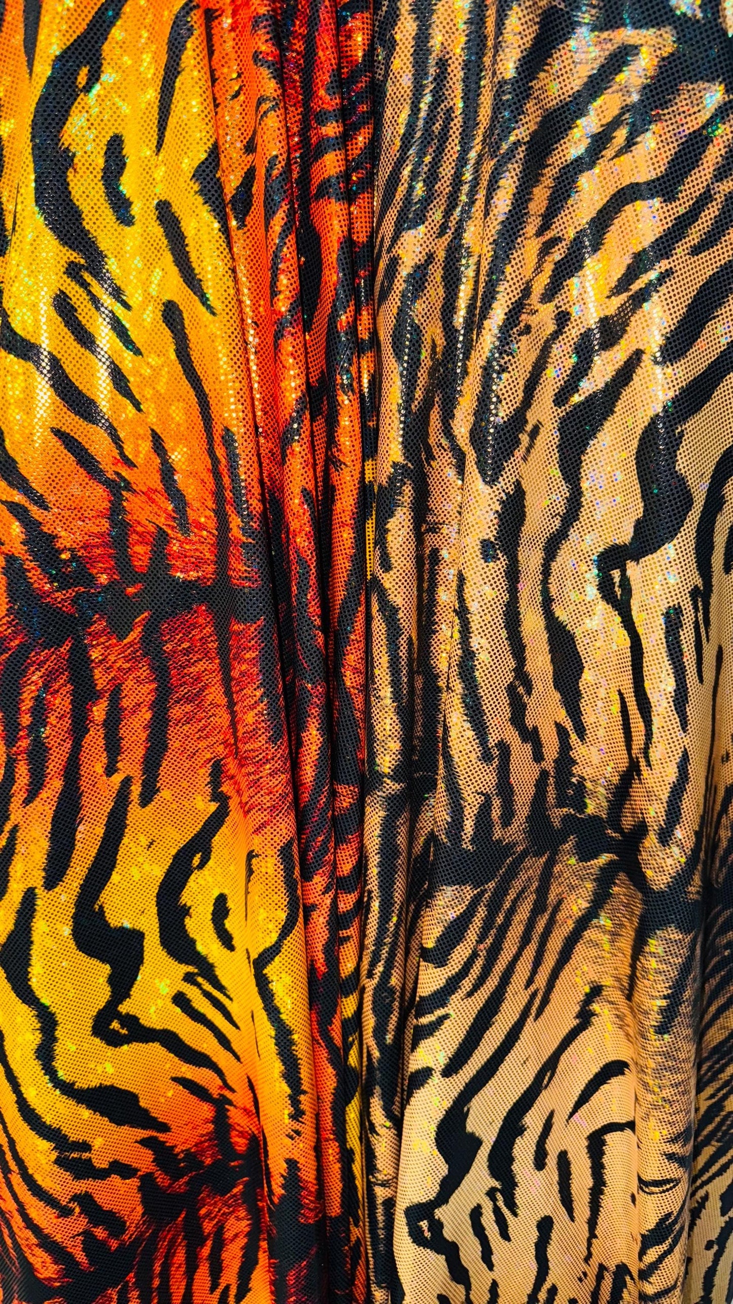 New Wild Tiger design on Hologram shattered glass metallic nylon spandex 4-way stretch 58/60” High quality fabrics by AlexLAFabrics