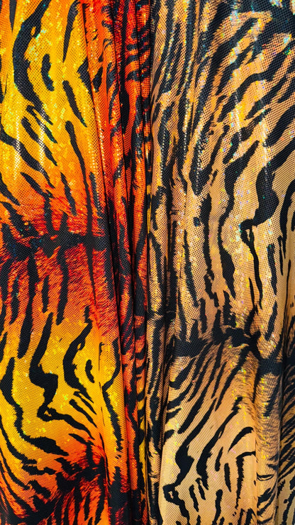 New Wild Tiger design on Hologram shattered glass metallic nylon spandex 4-way stretch 58/60” High quality fabrics by AlexLAFabrics