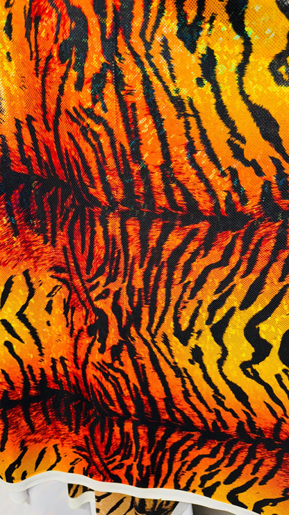 New Wild Tiger design on Hologram shattered glass metallic nylon spandex 4-way stretch 58/60” High quality fabrics by AlexLAFabrics